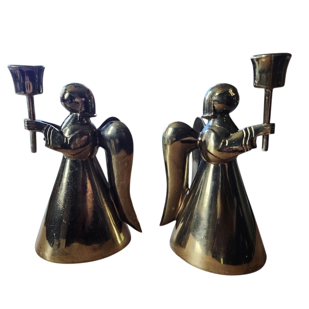 Vintage Brass/Gold Colored Metal Angel Candle Holders Set of 2